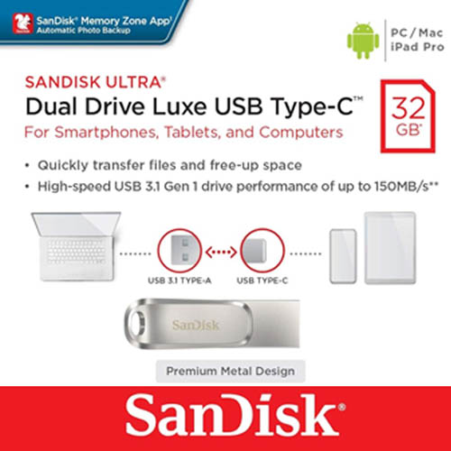 SanDisk SDDDC4-032G-G46 32GB Ultra Dual Drive Luxe USB 3.1 Type A & Type-C Flash Drive, Silver - Image 2