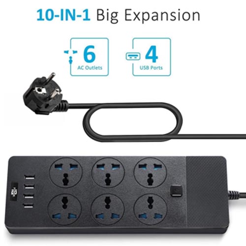 Jumpso Universal 6 AC & 4 USB Ports Surge Protection Power Strip 2 M - Image 11