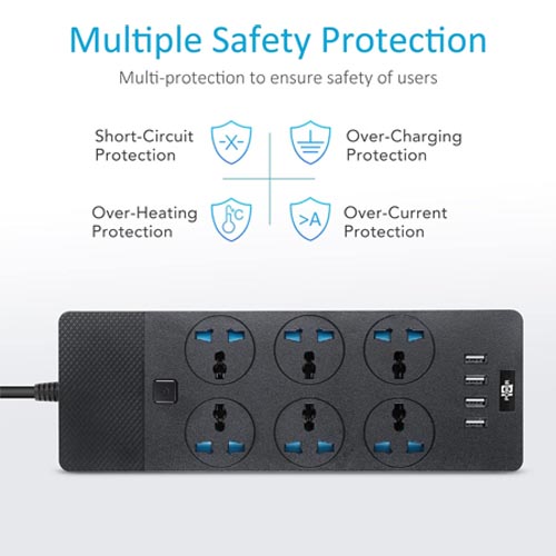 Jumpso Universal 6 AC & 4 USB Ports Surge Protection Power Strip 2 M - Image 8
