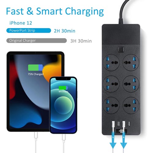 Jumpso Universal 6 AC & 4 USB Ports Surge Protection Power Strip 2 M - Image 6