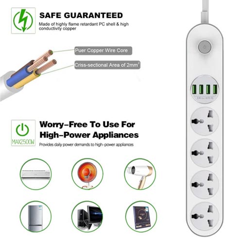 FANLIDE Universal Power Strip 4 Outlets 4 Smart USB 2 M - Image 4