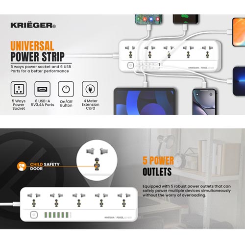 KRIEGER 5 Outlets Universal Surge Protector Power Strip 250V 2 M - Image 3