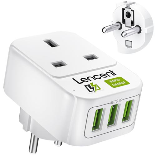 LENCENT PA011UKEU UK to EU Adapter + 3 USB Ports