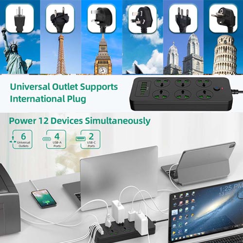 XYZCREAT Universal Power Strip 6 Outlets + 6 USB Ports ( 4A + 2C) 1.8 M - Image 3